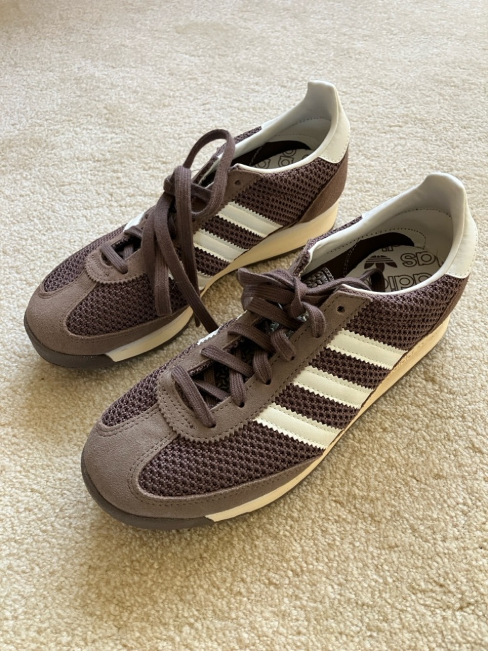 adidas Brown Mesh & White Stripe Retro Trainers